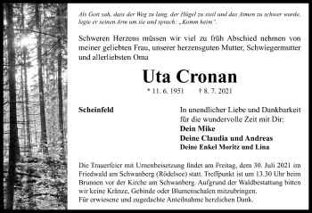 Traueranzeige von Uta Cronan von Neustadt/ Scheinfeld/ Uffenheim