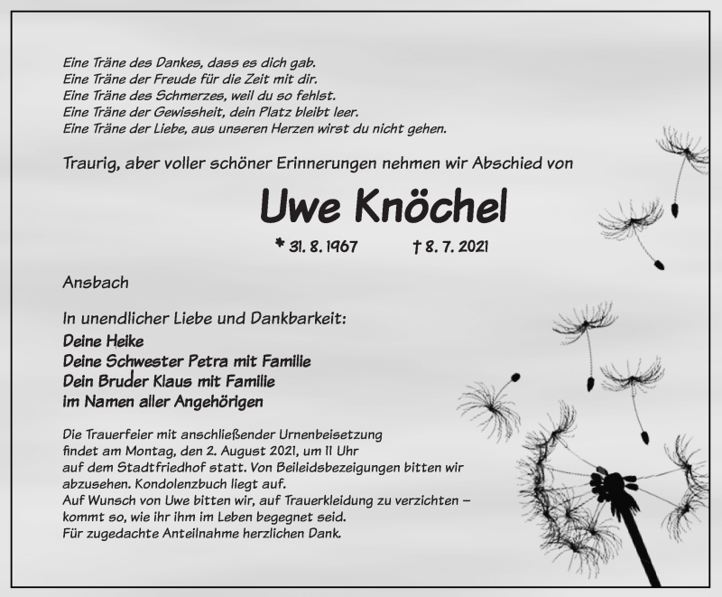  Traueranzeige für Uwe Knöchel vom 29.07.2021 aus Ansbach