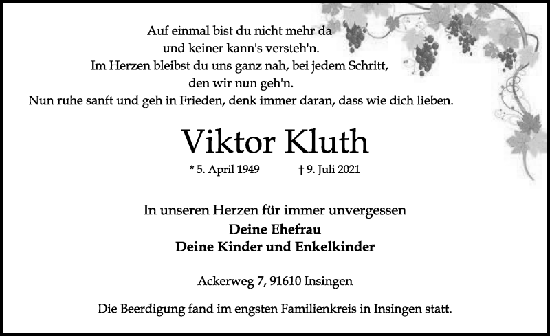  Traueranzeige für Viktor Kluth vom 17.07.2021 aus Rothenburg