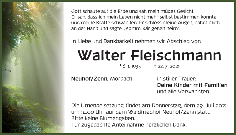  Traueranzeige für Walter Fleischmann vom 26.07.2021 aus Neustadt/ Scheinfeld/ Uffenheim