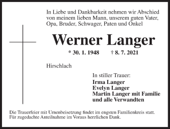 Traueranzeige von Werner Langer von Ansbach