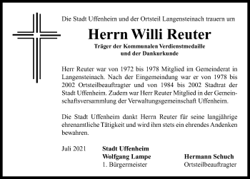 Traueranzeige von Willi Reuter von Neustadt/ Scheinfeld/ Uffenheim