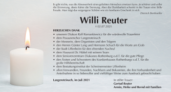 Traueranzeige von Willi Reuter von Rothenburg