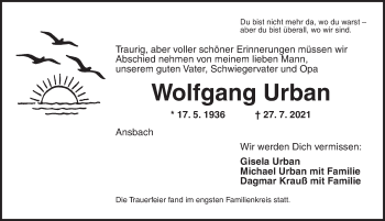 Traueranzeige von Wolfgang Urban von Ansbach