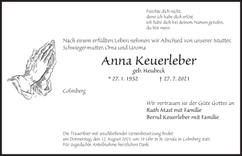 Traueranzeige von Anna Keuerleber von Ansbach