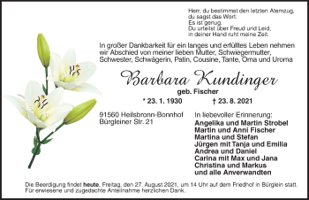 Traueranzeige von Barbara Kundinger von Ansbach