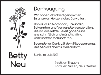 Traueranzeige von Betty Neu von Dinkelsbühl/ Feuchtwangen