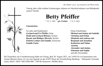 Traueranzeige von Betty Pfeiffer von Neustadt/ Scheinfeld/ Uffenheim