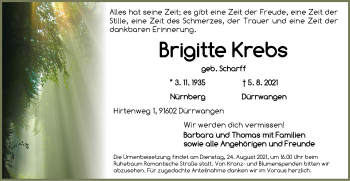 Traueranzeige von Brigitte Krebs von Dinkelsbühl/ Feuchtwangen