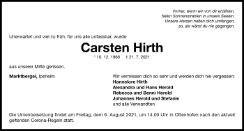 Traueranzeige von Carsten Hirth von Neustadt/ Scheinfeld/ Uffenheim