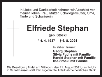 Traueranzeige von Elfriede Stephan von Ansbach