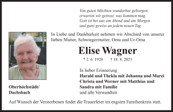 Traueranzeige von Elise Wagner von Neustadt/ Scheinfeld/ Uffenheim