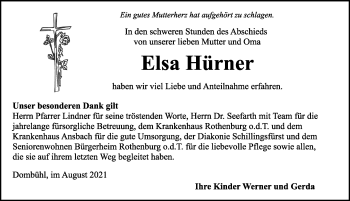 Traueranzeige von Elsa Hürner von Dinkelsbühl/ Feuchtwangen