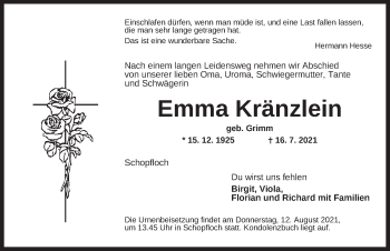 Traueranzeige von Emma Kränzlein von Dinkelsbühl/ Feuchtwangen