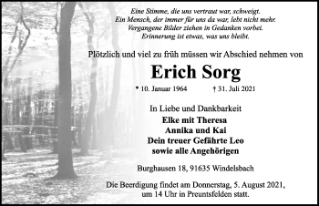 Traueranzeige von Erich Sorg von Ansbach