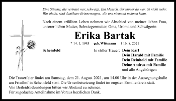 Traueranzeige von Erika Bartak von Neustadt/ Scheinfeld/ Uffenheim