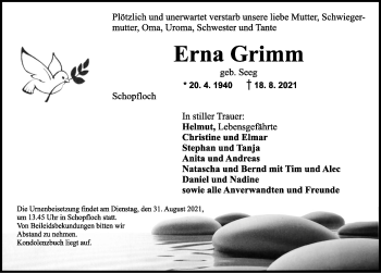 Traueranzeige von Erna Grimm von Dinkelsbühl/ Feuchtwangen