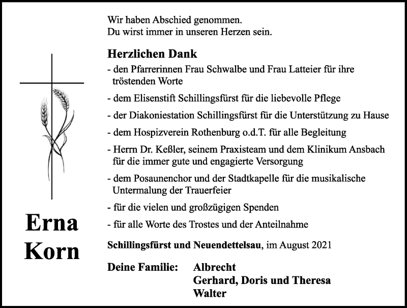  Traueranzeige für Erna Korn vom 13.08.2021 aus Ansbach