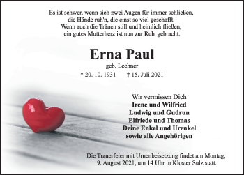 Traueranzeige von Erna Paul von Rothenburg