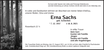 Traueranzeige von Erna Sachs von Ansbach