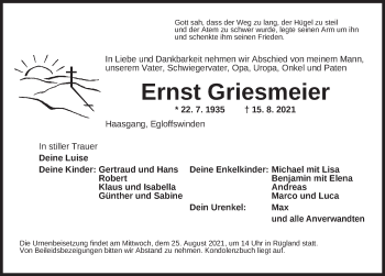 Traueranzeige von Ernst Griesmeier von Ansbach