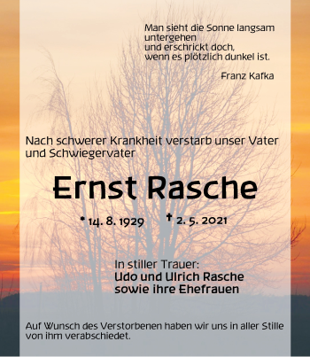 Traueranzeige von Ernst Rasche von Ansbach