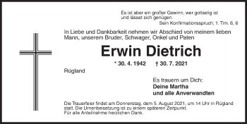 Traueranzeige von Erwin Dietrich von Ansbach