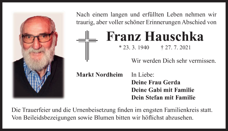  Traueranzeige für Franz Hauschka vom 02.08.2021 aus Neustadt/ Scheinfeld/ Uffenheim