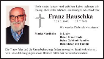 Traueranzeige von Franz Hauschka von Neustadt/ Scheinfeld/ Uffenheim