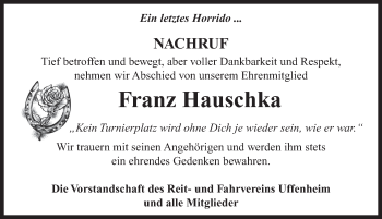 Traueranzeige von Franz Hauschka von Neustadt/ Scheinfeld/ Uffenheim