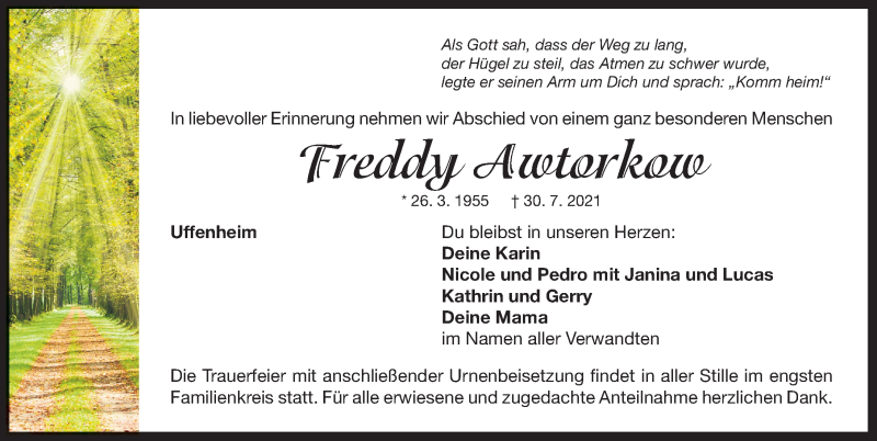  Traueranzeige für Freddy Awtorkow vom 03.08.2021 aus Neustadt/ Scheinfeld/ Uffenheim