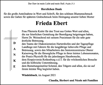 Traueranzeige von Frieda Ebert von Rothenburg