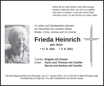 Traueranzeige von Frieda Heinrich von Dinkelsbühl/ Feuchtwangen