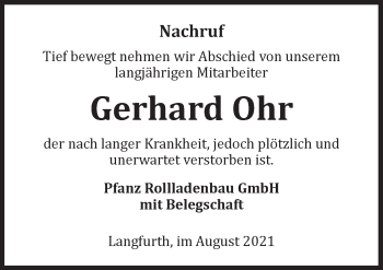 Traueranzeige von Gerhard Ohr von Dinkelsbühl/ Feuchtwangen