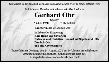 Traueranzeige von Gerhard Ohr von Dinkelsbühl/ Feuchtwangen