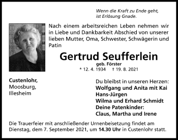 Traueranzeige von Gertrud Seufferlein von Neustadt/ Scheinfeld/ Uffenheim