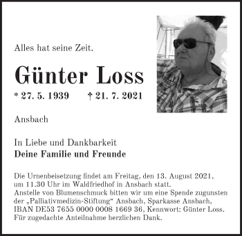 Traueranzeige von Günter Loss von Ansbach