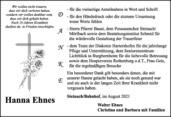 Traueranzeige von Hanna Ehnes von Rothenburg