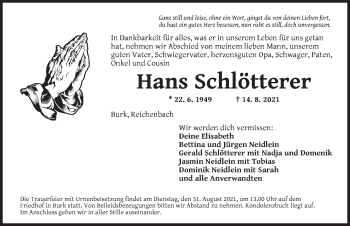 Traueranzeige von Hans Schlötterer von Dinkelsbühl/ Feuchtwangen