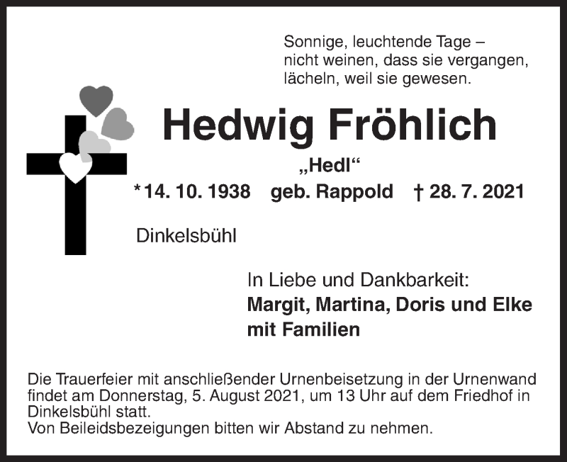  Traueranzeige für Hedwig Fröhlich vom 03.08.2021 aus Dinkelsbühl/ Feuchtwangen