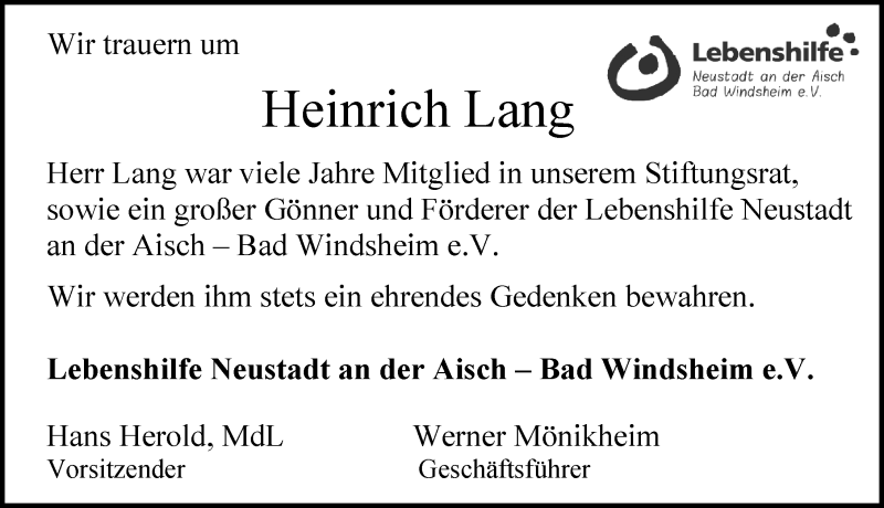  Traueranzeige für Heinrich Lang vom 27.08.2021 aus Neustadt/ Scheinfeld/ Uffenheim