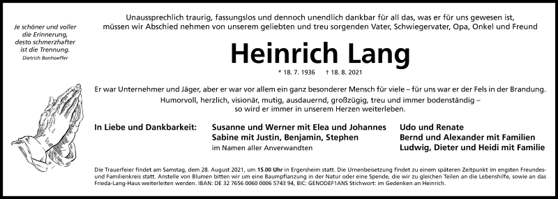  Traueranzeige für Heinrich Lang vom 21.08.2021 aus Neustadt/ Scheinfeld/ Uffenheim