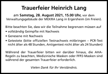 Traueranzeige von Heinrich Lang von Neustadt/ Scheinfeld/ Uffenheim