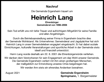 Traueranzeige von Heinrich Lang von Neustadt/ Scheinfeld/ Uffenheim