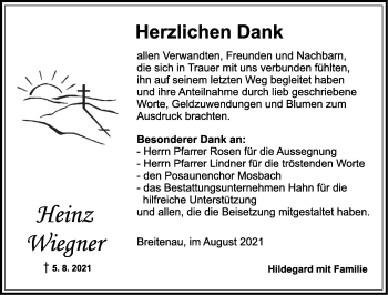 Traueranzeige von Heinz Wiegner von Dinkelsbühl/ Feuchtwangen