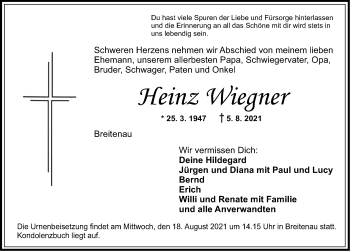 Traueranzeige von Heinz Wiegner von Dinkelsbühl/ Feuchtwangen