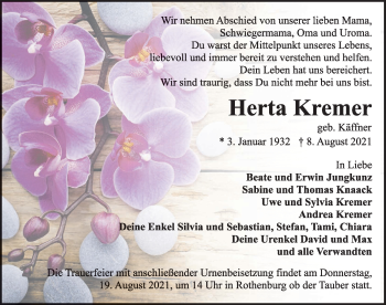 Traueranzeige von Herta Kremer von Rothenburg