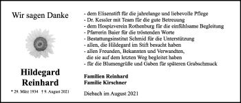 Traueranzeige von Hildegard Reinhard von Rothenburg