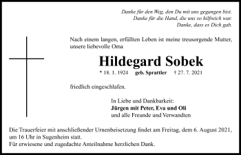 Traueranzeige von Hildegard Sobek von Neustadt/ Scheinfeld/ Uffenheim