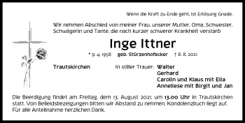 Traueranzeige von Inge Ittner von Neustadt/ Scheinfeld/ Uffenheim